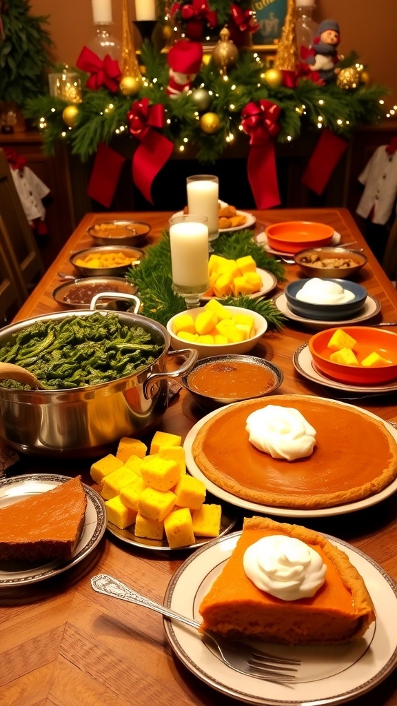 A festive Christmas table with soul food dishes including collard greens, cornbread, and sweet potato pie.